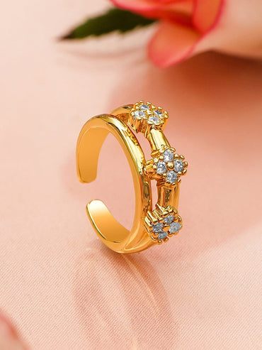 Rubans Voguish 18K Gold-Plated Stainless Steel Tarnish-Free Waterproof Floral Cluster Cubic Zirconia Detailing Adjustable Ring Finger Rings