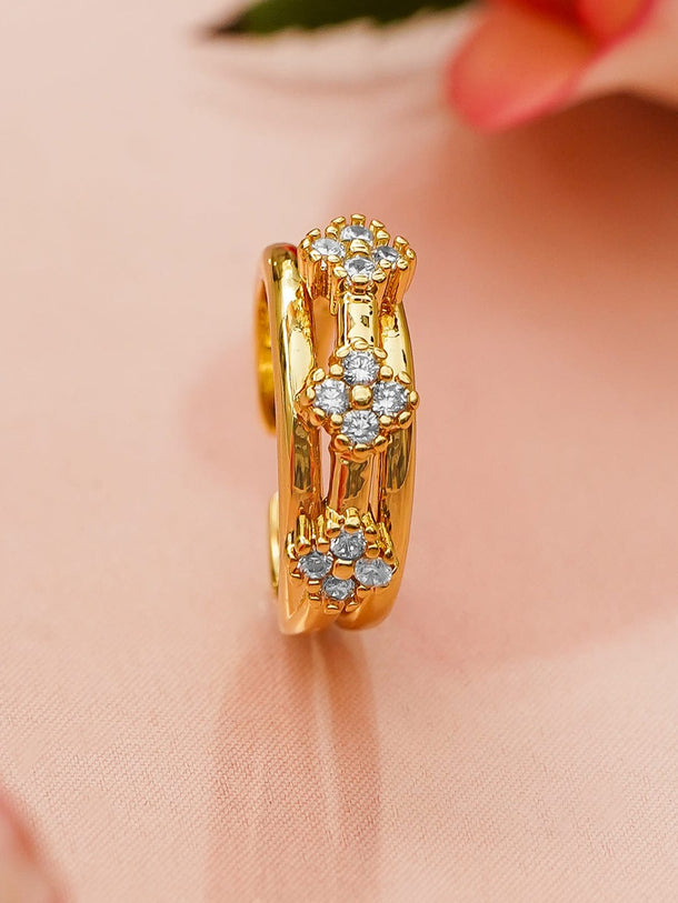 Rubans Voguish 18K Gold-Plated Stainless Steel Tarnish-Free Waterproof Floral Cluster Cubic Zirconia Detailing Adjustable Ring Rings