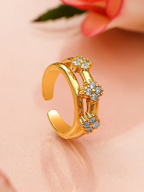 Rubans Voguish 18K Gold-Plated Stainless Steel Tarnish-Free Waterproof Floral Cluster Cubic Zirconia Detailing Adjustable Ring Rings