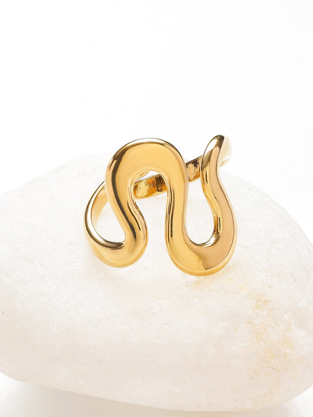 Rubans Voguish 18K Gold-Plated Stainless Steel Tarnish-Free Waterproof Fluid Wave Wrap Adjustable Ring Rings