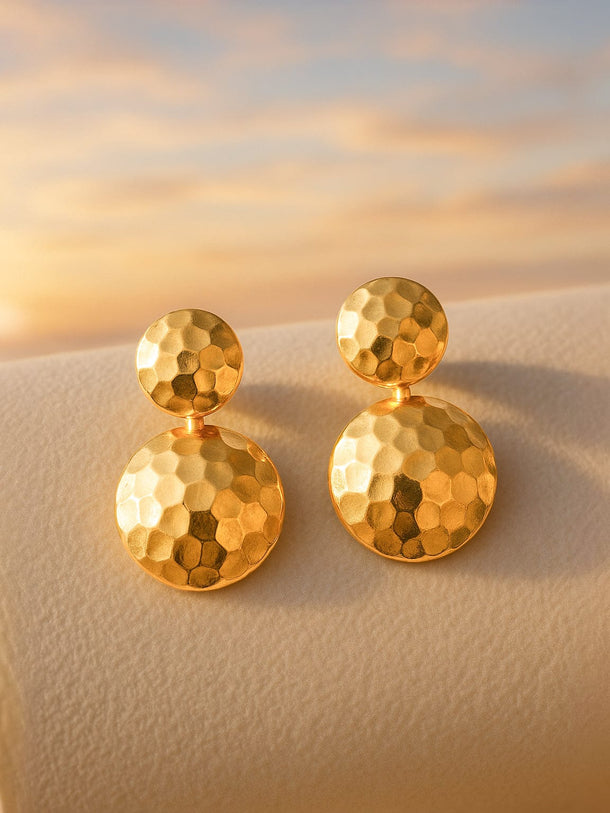 Rubans Voguish 18K Gold-Plated Stainless Steel Tarnish-Free Waterproof Hammered Disc Drop Earrings Drop Earrings