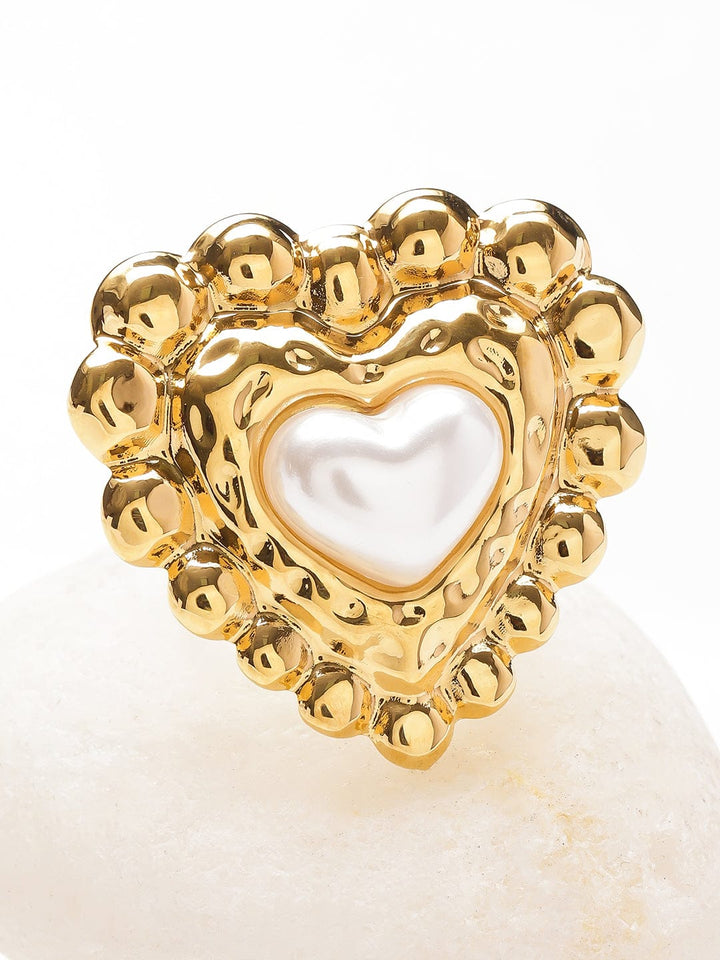 Rubans Voguish 18K Gold-Plated Stainless Steel Tarnish-Free Waterproof Heart Pearl Statement Adjustable Ring Rings