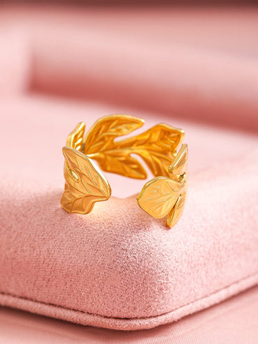 Rubans Voguish 18K Gold Plated Stainless Steel Tarnish-Free Waterproof Leaf Motif Adjustable Ring Rings