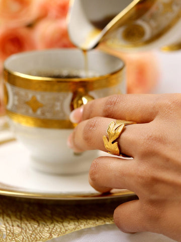 Rubans Voguish 18K Gold Plated Stainless Steel Tarnish-Free Waterproof Leaf Motif Adjustable Ring Rings