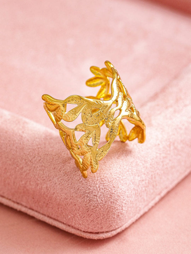 Rubans Voguish 18K Gold Plated Stainless Steel Tarnish-Free Waterproof Leaf Motif Adjustable Ring Wristwear