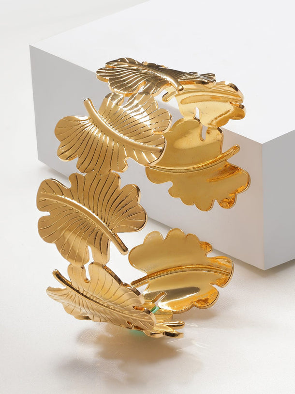 Rubans Voguish 18K Gold-Plated Stainless Steel Tarnish-Free Waterproof Leaf Open Cuff Bracelet Bracelet