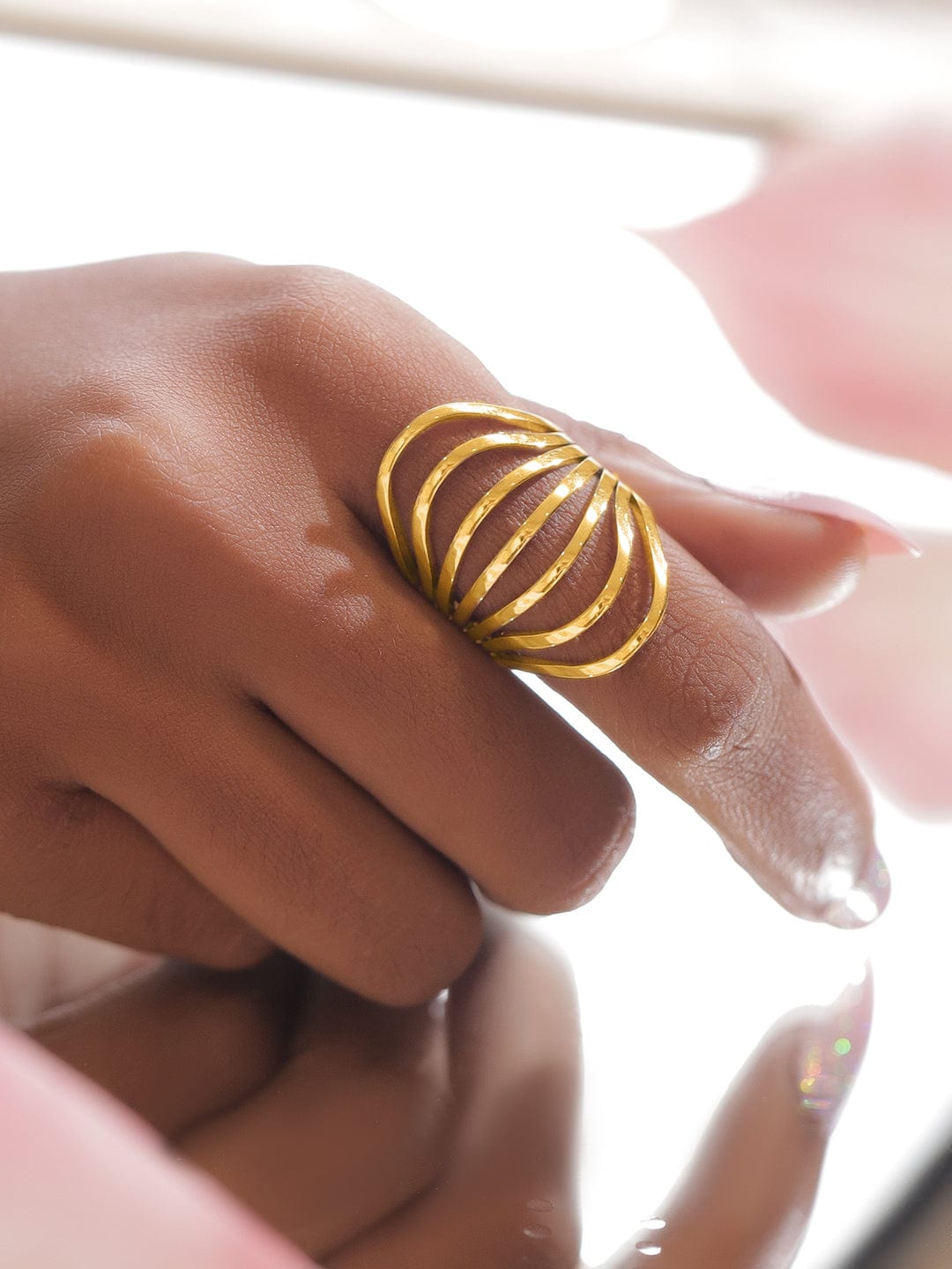 Rubans Voguish 18K Gold-Plated Stainless Steel Tarnish-Free Waterproof Openwork Layered Wave Ring Finger Rings