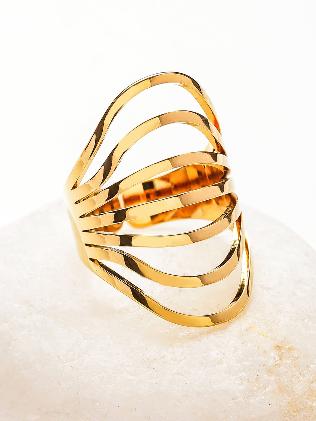 Rubans Voguish 18K Gold-Plated Stainless Steel Tarnish-Free Waterproof Openwork Layered Wave Ring Rings