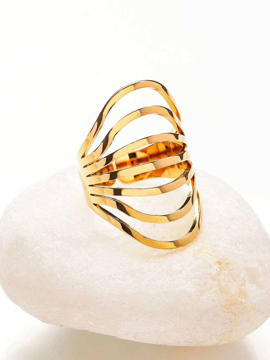 Rubans Voguish 18K Gold-Plated Stainless Steel Tarnish-Free Waterproof Openwork Layered Wave Ring Rings