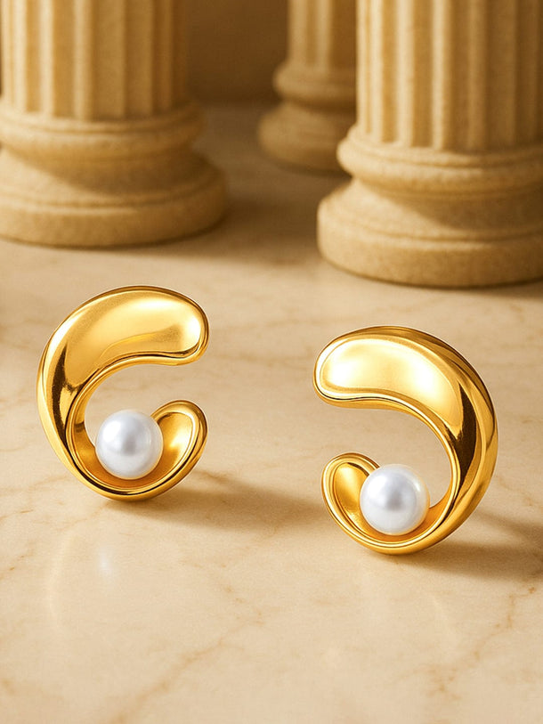 Rubans Voguish 18K Gold-Plated Stainless Steel Tarnish-Free Waterproof Pearl-Accent Wave Motif Stud Earrings Stud Earrings