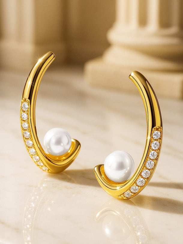Rubans Voguish 18K Gold-Plated Stainless Steel Tarnish-Free Waterproof Pearl & Cubic Zirconia Hoop Earrings Earrings