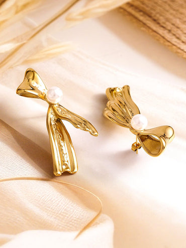 Rubans Voguish 18K Gold Plated Stainless Steel Tarnish-Free Waterproof Pearl Embellished Bow Drop Earrings Earrings