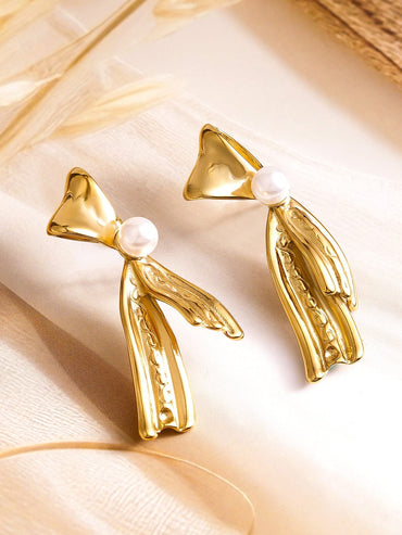Rubans Voguish 18K Gold Plated Stainless Steel Tarnish-Free Waterproof Pearl Embellished Bow Drop Earrings Earrings