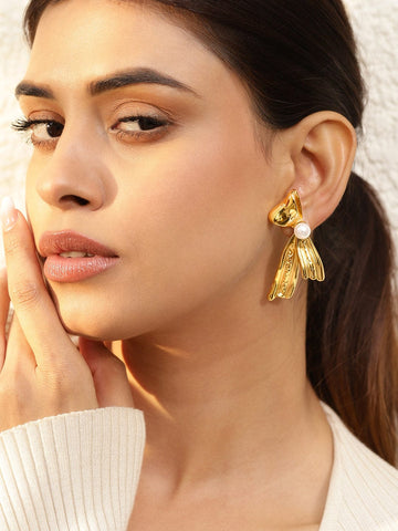 Rubans Voguish 18K Gold Plated Stainless Steel Tarnish-Free Waterproof Pearl Embellished Bow Drop Earrings Earrings