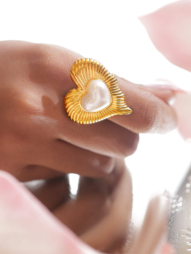 Rubans Voguish 18K Gold-Plated Stainless Steel Tarnish-Free Waterproof Pearl Heart Adjustable Statement Ring Finger Rings