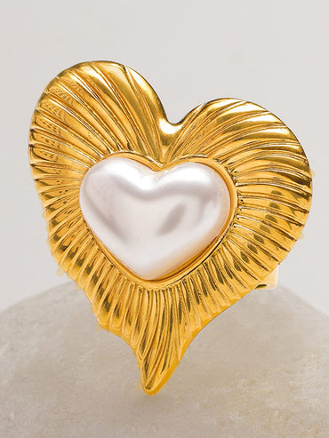 Rubans Voguish 18K Gold-Plated Stainless Steel Tarnish-Free Waterproof Pearl Heart Adjustable Statement Ring Rings