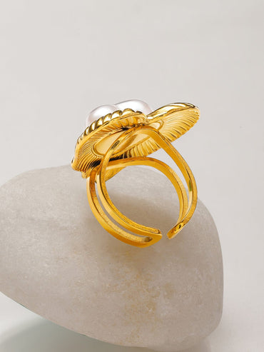 Rubans Voguish 18K Gold-Plated Stainless Steel Tarnish-Free Waterproof Pearl Heart Adjustable Statement Ring Rings