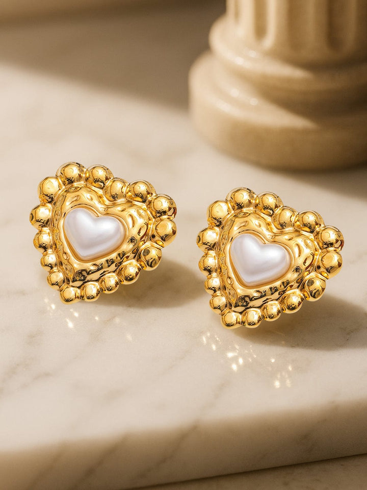 Rubans Voguish 18K Gold-Plated Stainless Steel Tarnish-Free Waterproof Pearl Heart Stud Earrings Earrings