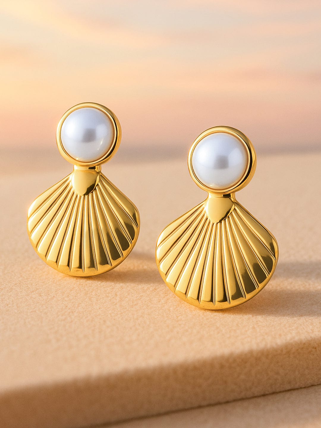 Rubans Voguish 18K Gold-Plated Stainless Steel Tarnish-Free Waterproof Pearl & Shell Motif Drop Earrings Drop Earrings