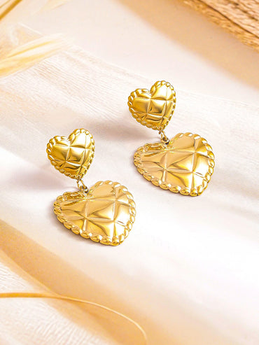 Rubans Voguish 18K Gold Plated Stainless Steel Tarnish-Free Waterproof Quilted Heart Dangler Earrings Earrings