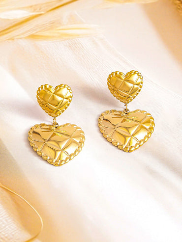 Rubans Voguish 18K Gold Plated Stainless Steel Tarnish-Free Waterproof Quilted Heart Dangler Earrings Earrings
