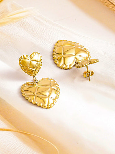 Rubans Voguish 18K Gold Plated Stainless Steel Tarnish-Free Waterproof Quilted Heart Dangler Earrings Earrings