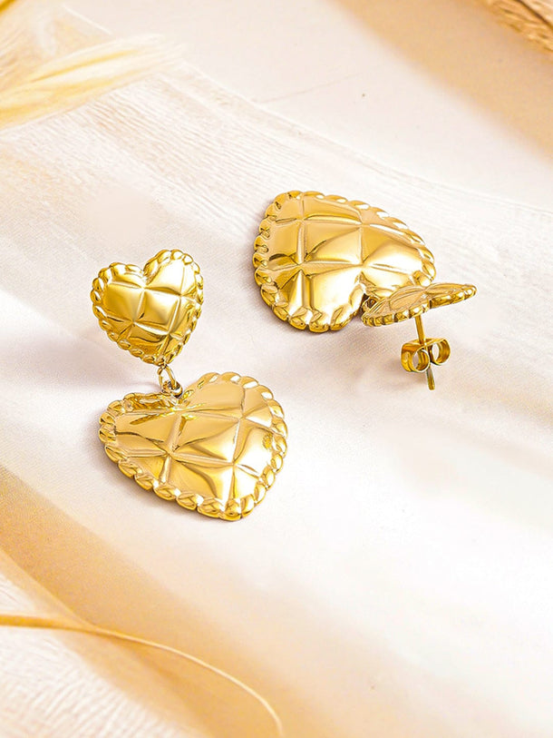 Rubans Voguish 18K Gold Plated Stainless Steel Tarnish-Free Waterproof Quilted Heart Dangler Earrings Earrings