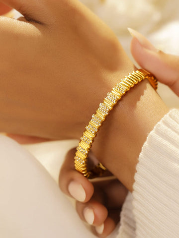 Rubans Voguish 18K Gold-Plated Stainless Steel Tarnish Free Waterproof Ribbed Stretch Design AD Stone Studded Bracelet Bracelet
