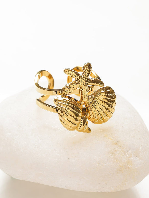 Rubans Voguish 18K Gold-Plated Stainless Steel Tarnish-Free Waterproof Seashell & Starfish Adjustable Statement Ring Rings