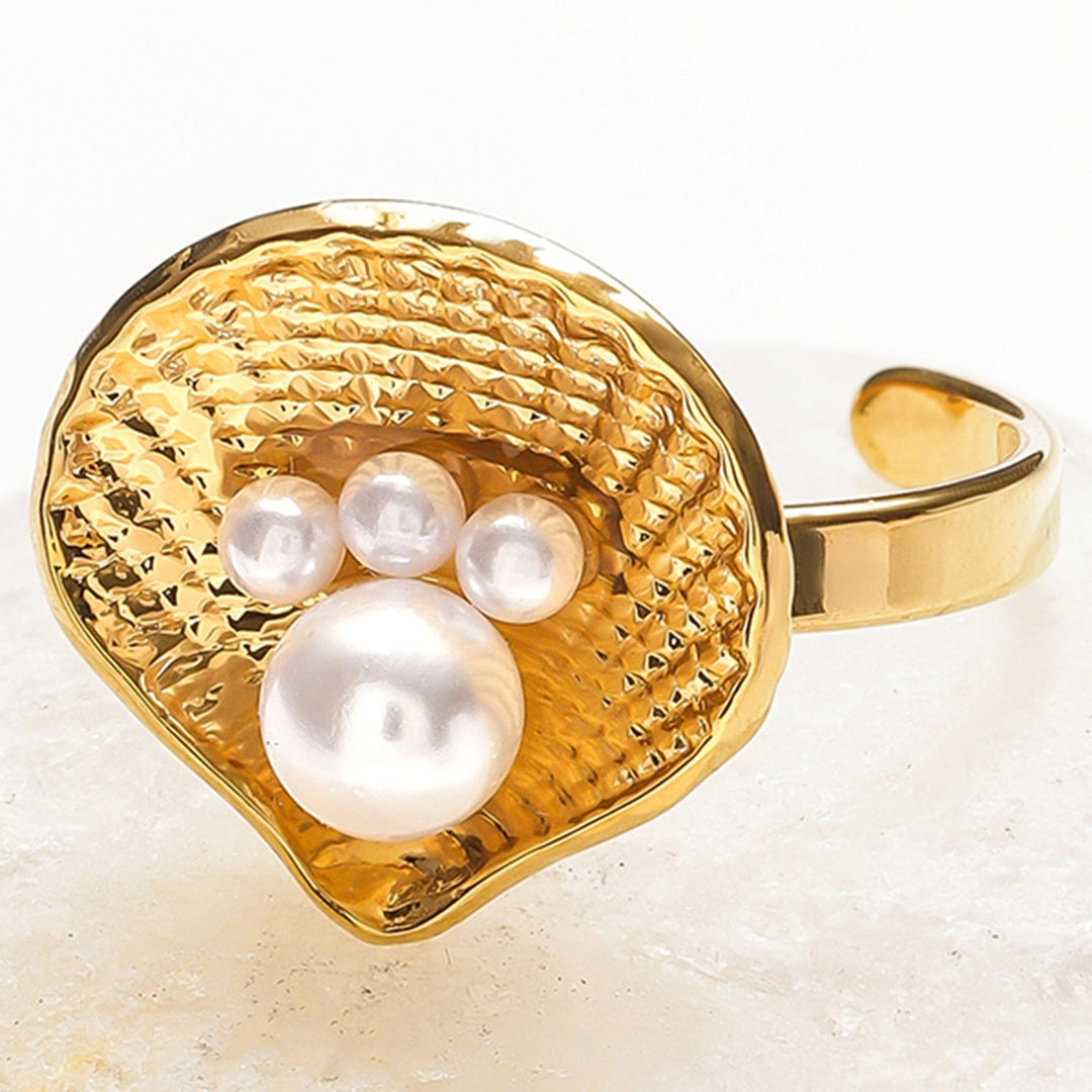Rubans Voguish 18K Gold-Plated Stainless Steel Tarnish-Free Waterproof Shell Design Adjustable Ring with Pearls Rings