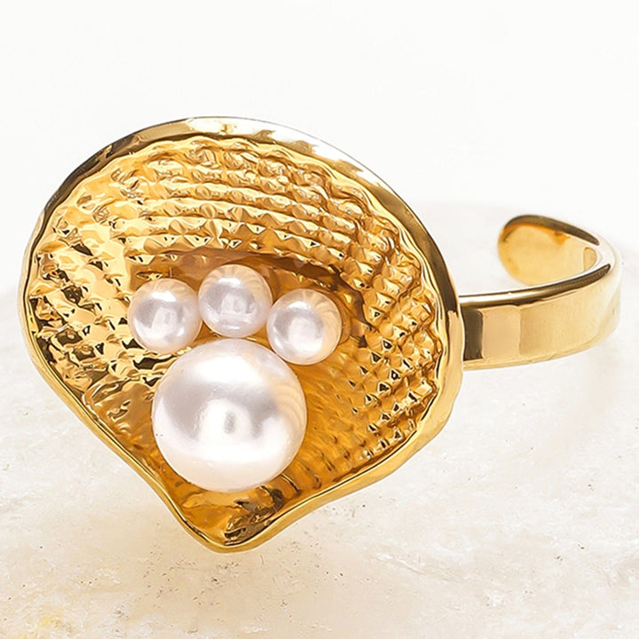 Rubans Voguish 18K Gold-Plated Stainless Steel Tarnish-Free Waterproof Shell Design Adjustable Ring with Pearls Rings