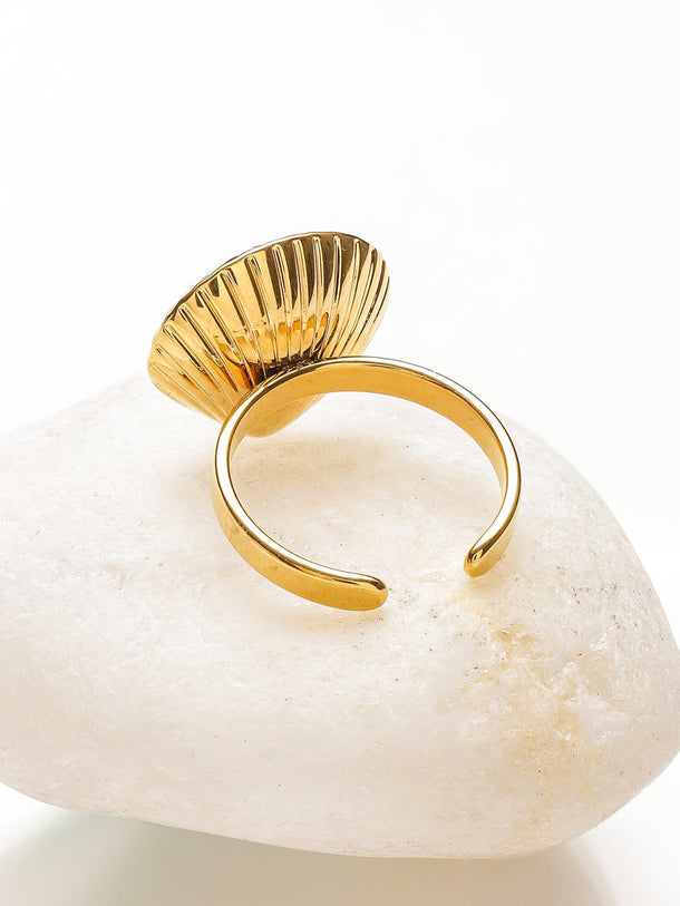 Rubans Voguish 18K Gold-Plated Stainless Steel Tarnish-Free Waterproof Shell Design Adjustable Ring with Pearls Rings
