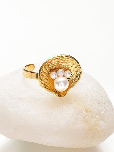 Rubans Voguish 18K Gold-Plated Stainless Steel Tarnish-Free Waterproof Shell Design Adjustable Ring with Pearls Rings