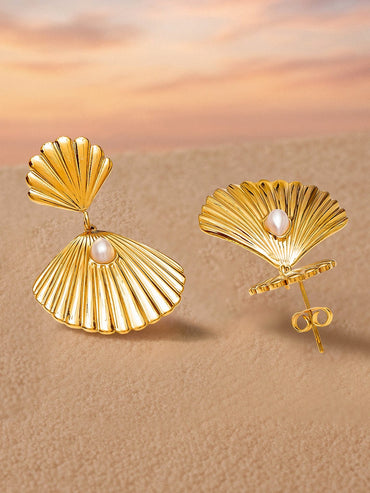 Rubans Voguish 18K Gold-Plated Stainless Steel Tarnish-Free Waterproof Shell Design Drop Earrings with Pearl Earrings
