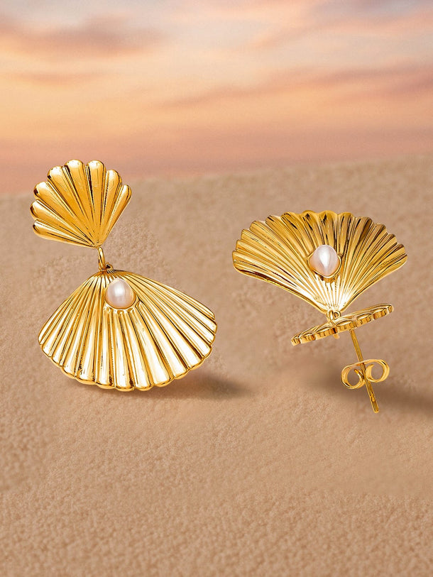 Rubans Voguish 18K Gold-Plated Stainless Steel Tarnish-Free Waterproof Shell Design Drop Earrings with Pearl Earrings