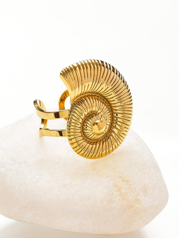 Rubans Voguish 18K Gold-Plated Stainless Steel Tarnish-Free Waterproof Spiral Shell Adjustable Statement Ring Rings