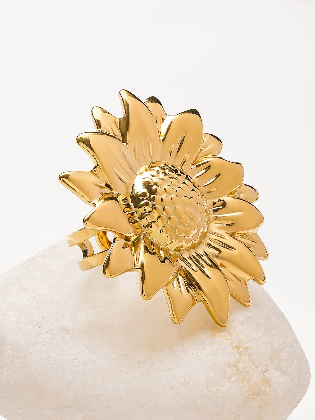 Rubans Voguish 18K Gold-Plated Stainless Steel Tarnish-Free Waterproof Sunflower Design Statement Ring Rings