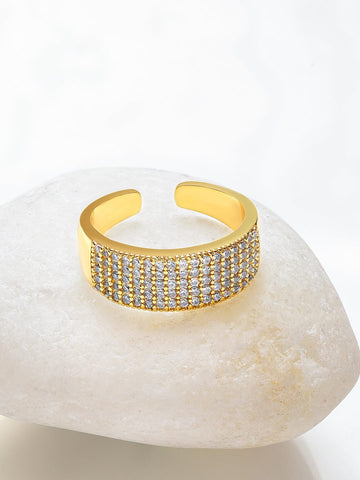 Rubans Voguish 18K Gold-Plated Stainless Steel Tarnish-Free Waterproof Wide Band Cubic Zirconia Studded Adjustable Ring Finger Rings