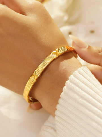 Rubans Voguish 18K Gold Plated Stainless Steel Tarnish Free Waterproof X Motif Textured Bracelet Wristwear