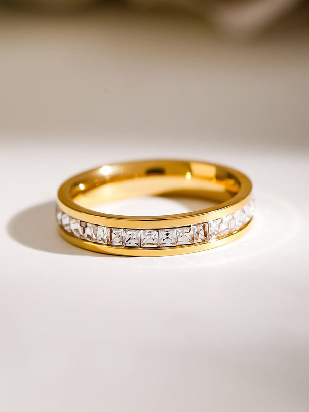 Rubans Voguish 18K Gold-Plated Stainless Steel Tarnish-Free Waterproof Zirconia Band Ring Rings