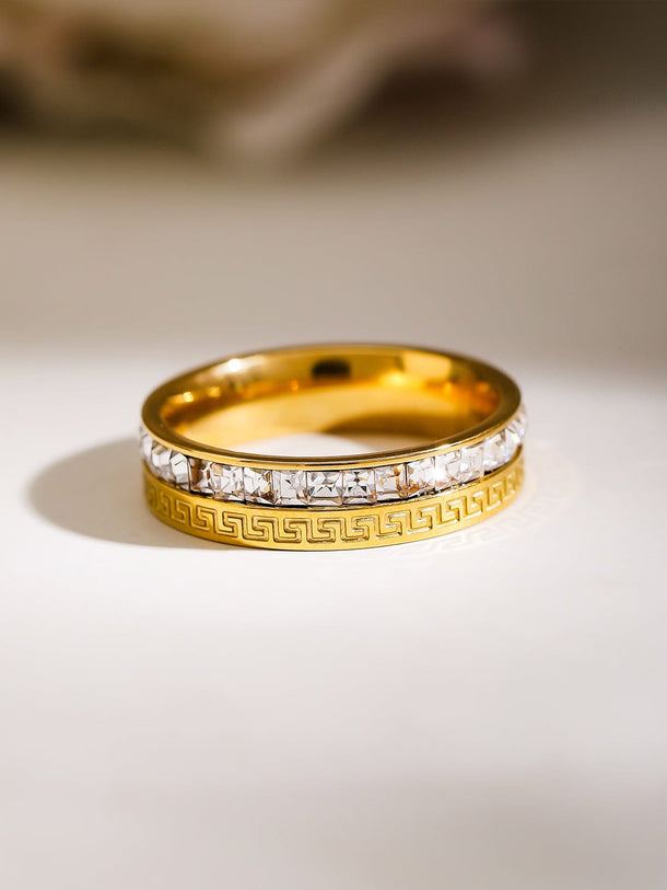 Rubans Voguish 18K Gold-Plated Stainless Steel Tarnish-Free Waterproof Zirconia Band Ring Rings
