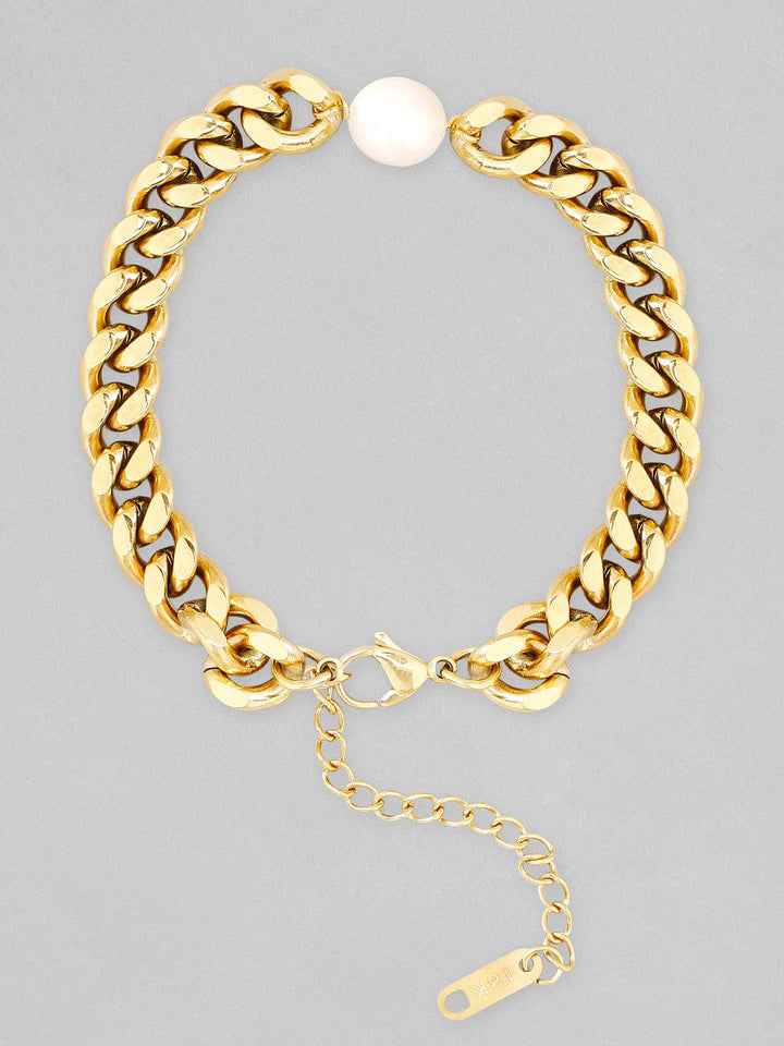Rubans Voguish 18K Gold Plated Stainless Steel Waterproof Cuban Chain Style Bracelet With Pearl Charm. Bangles & Bracelets