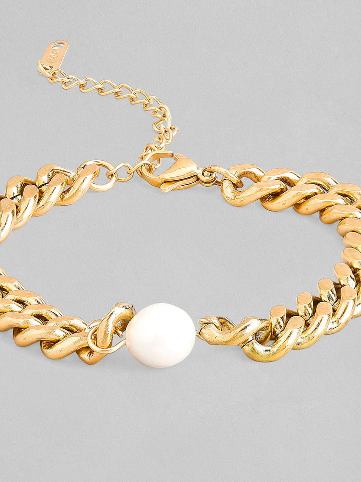 Rubans Voguish 18K Gold Plated Stainless Steel Waterproof Cuban Chain Style Bracelet With Pearl Charm. Bangles & Bracelets