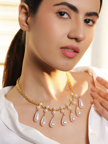 Rubans Voguish 18K Gold-Plated Statement Necklace with White Pearl Drops & Golden Chain Chain & Necklace
