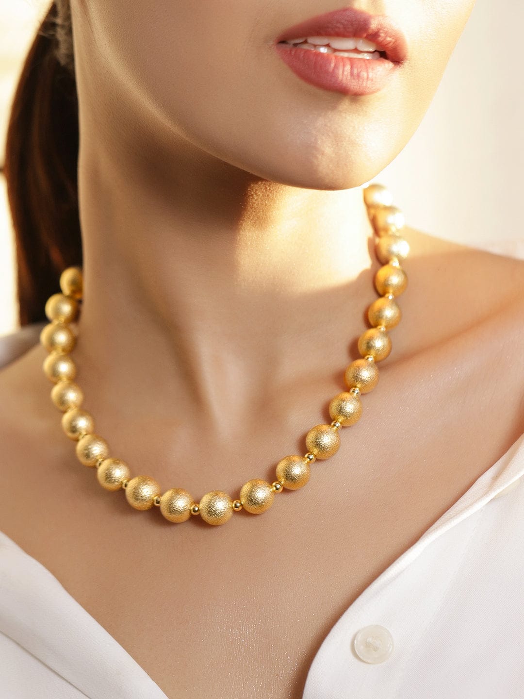 Rubans Voguish 18K Gold-Plated Textured Matte Golden Beaded Statement Necklace Chain & Necklace