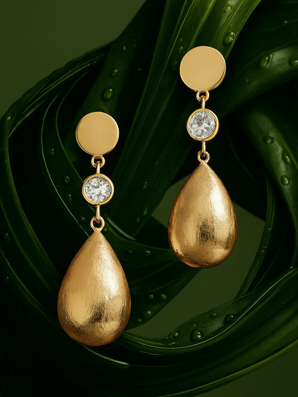 Rubans Voguish 18K Gold-Plated Textured Teardrop Dangle Earrings with Cubic Zirconia Earrings