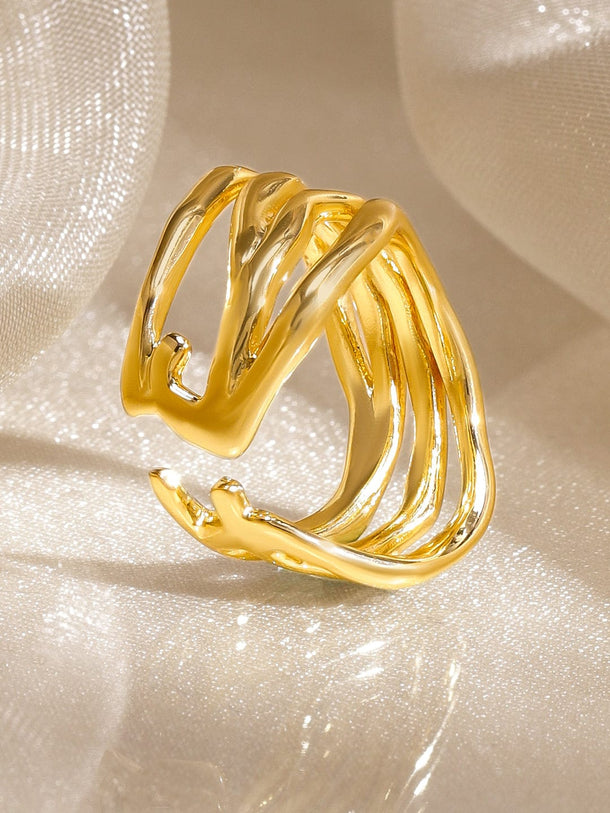 Rubans Voguish 18K Gold-Plated Wave Pattern Statement Adjustable Finger Ring Rings