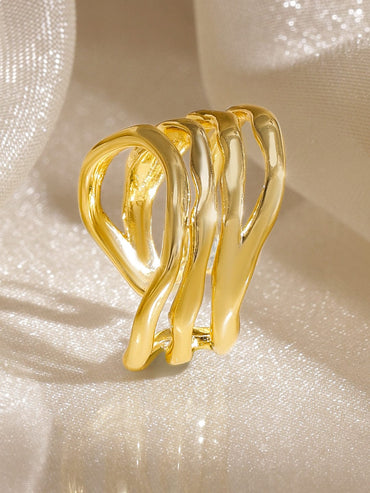 Rubans Voguish 18K Gold-Plated Wave Pattern Statement Adjustable Finger Ring Rings