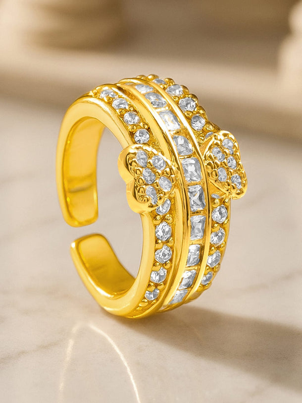 Rubans Voguish 18K Gold-Plated White Cubic Zirconia Studded Heart Motif Adjustable Ring Finger Ring