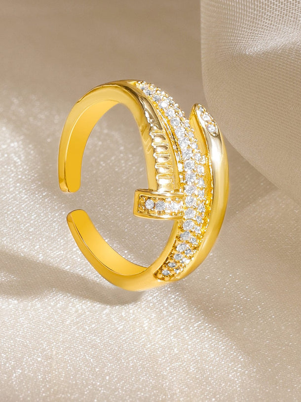 Rubans Voguish 18K Gold-Plated White Cubic Zirconia Studded Sleek Adjustable Finger Ring Rings
